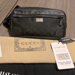 GUCCI BLACK GG LEATHER AND CANVAS BELT BAG